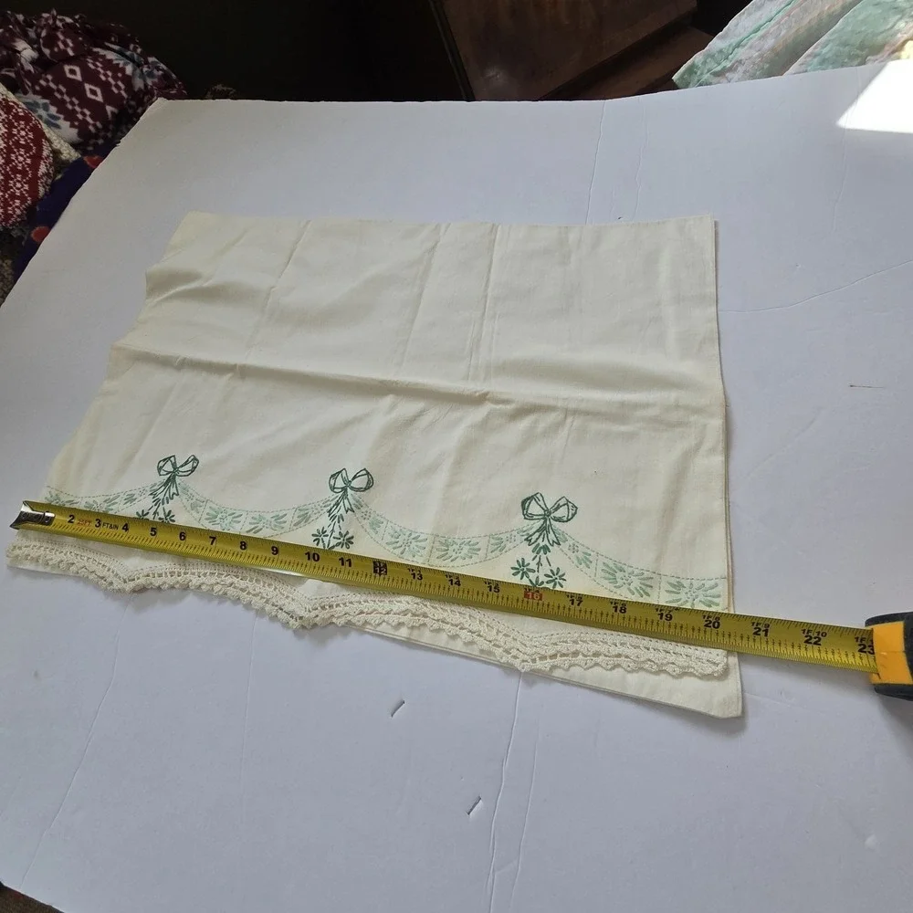 Vintage Embroidery Floral Pillowcases PAIR Cottage Core Granny Boho Green Floral